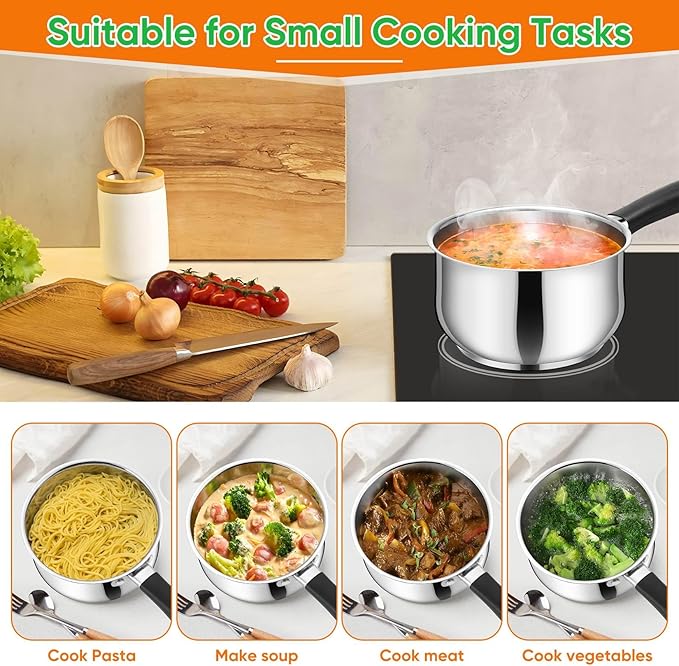 P&P CHEF 2 Quart Sauce Pan with Lid, Stainless Steel Saucepan, Small Milk Pot for Multipurpose Cooking, Visible Glass Lid & Stay-cool Silicone Handle & Tri-Ply Base, For All Stoves & Dishwasher Use