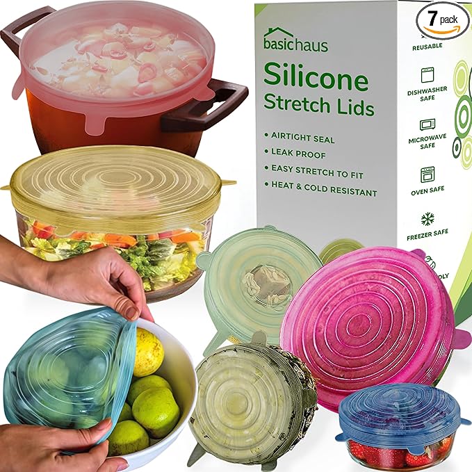 Reusable Silicone Stretch Lids for Food Storage in Fridge - Elastic Heat-Resistant Bowl Covers, Cups, Cans, Jars - Universal Food Grade Lid for Round and Rectangle Containers - 7 Pack - Multicolor