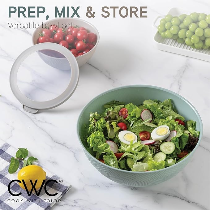 COOK WITH COLOR Mixing Bowls with Lids - 12 Piece Plastic Nesting Bowls Set includes 6 Prep Bowls and 6 Lids, Rhombus Design - Microwave Safe (Mint)