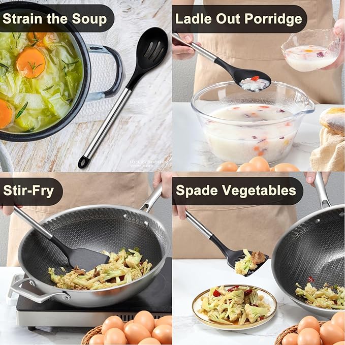 Pleafind 4-Pcs Silicone Cooking Utensils Set, Wok Utensils Set Include Wok Ladle, Slotted Spoon, Solid Spatula and Slotted Spatula, Silicone and Stainless Steel Kitchen Utensils, Dishwasher Safe