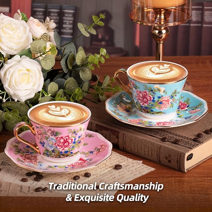 KAMMAK Porcelain Espresso Cups with Saucers, Cappuccino Cups with Saucers Set of 2, 7oz Handcrafted Ceramic Floral Coffee and Tea Cup, Vintage Drinkware for Tea Party, Holiday Gifting, Office, Gifts