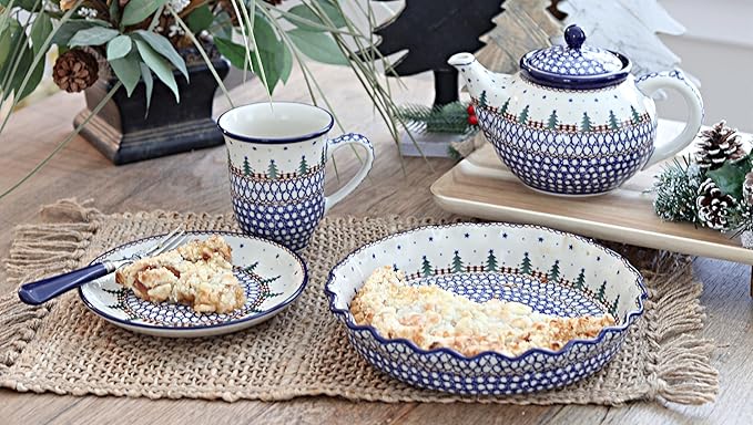 Blue Rose Polish Pottery - Blue Rustic Pines Pie Plate - 10" Diameter - Ceramic Baking Dish, For Pies, Quiches & Desserts