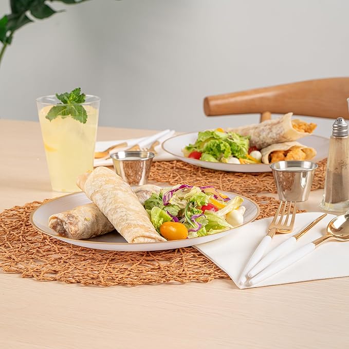 Restaurantware Plastic Plates 100 Pcs 10" Gold Rimmed Disposable Plates Heavy-Duty White Translucent Rippled Plastic Dinner Servers for Party, Weddings, Salads, Desserts, and Appetizers