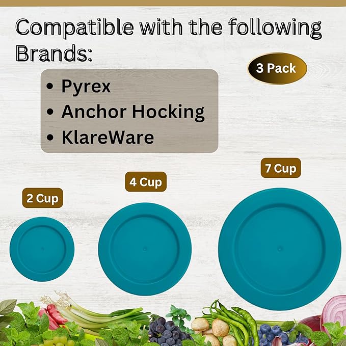 2, 4 & 7 Cup Turquoise Replacement Lids/Covers for Pyrex, Anchor Hocking & KlareWare Storage Bowls *Lids Only Glass Container Not Included* (3 Pack *One of Each Size*)