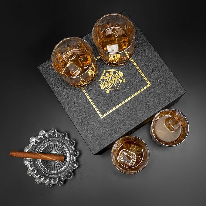 KANARS Old Fashioned Whiskey Glasses - Multi Designs Bourbon Glass 10 oz with Luxury Box - Ultra Clear Crystal Rocks Barware for Scotch, Irish Whisky, Rum and Cocktail - Set of 4
