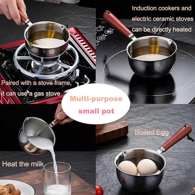 Butter Warmer Pot, Stainless Steel Milk Warmer with Wooden Handle for Seafood, Mini Butter Melting Pot Small Saucepan with Dual Pour Spouts for Stove Top Cooking (300ml)