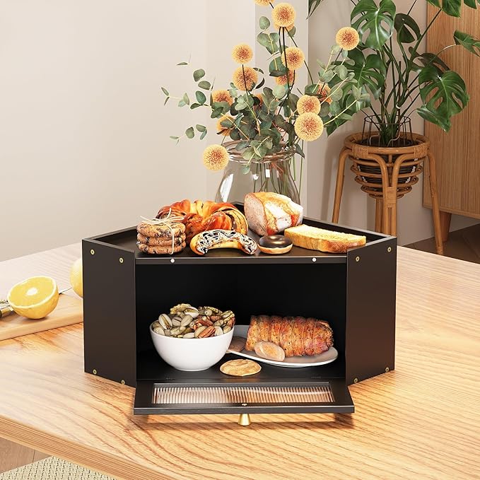 Corner Bamboo Bread Box for Kitchen Counter Large Capacity Rustic Bread Storage Container with Wavy Arcylic Transparent Door Vintage Storage for Homemade Bread (Black)