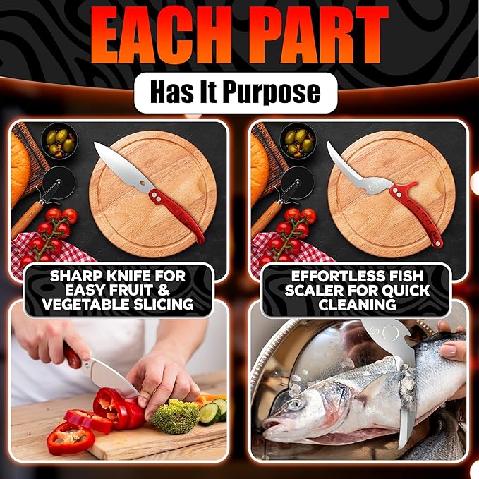 4-in-1 Kitchen Shears Heavy Duty – Sharp Fish, Seafood, Turkey & Chicken Scissors with Non-Slip Metal Handle & Micro-Serrated Blades for Meat – Spring-Loaded Bone Cutting Scissors with Safety Lock