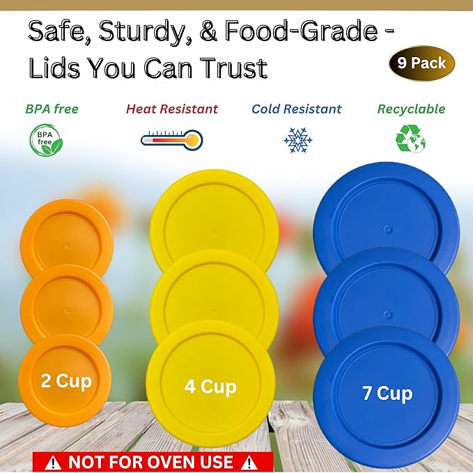 2, 4 & 7 Cup Orange, Yellow, Blue Replacement Lids/Covers for Pyrex, Anchor Hocking & KlareWare Storage Bowls *Lids Only Glass Container Not Included* (9 Pack *Three of Each Size*)