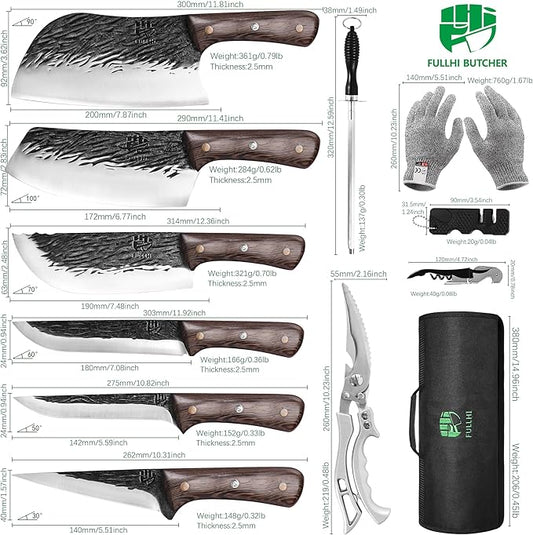 FULLHI Butcher Knife Set with Kitchen Shears, Hand Forged Chef Boning Knife With Scissors High Carbon Steel Chef Knife For Kitchen, Camping, BBQ