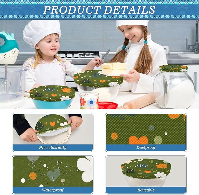 5 Pcs Bowl Covers Reusable in 5 Size Elastic Food Cover Cloth Lids Fresh Keeping Dish Cookware Bakeware Fabric Covers Lids for Food Leftovers Fruits Storage Dark Green Shamrocks Hearts Dots
