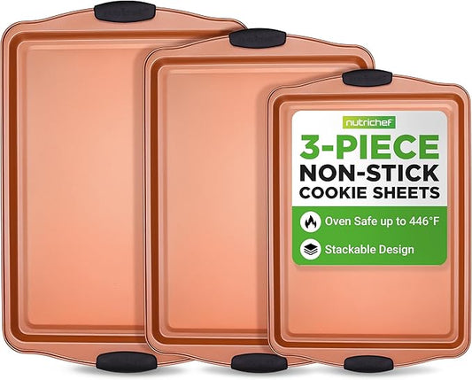 NutriChef 3 Piece Cookie Sheets for Baking - PFOA, PFOS, PTFE Free Nonstick Carbon Steel Bakeware Set - Home Kitchen Bake Pan Cookie Sheet Stackable Baking Sheet w/Black Silicone Handles NCSBS3S45