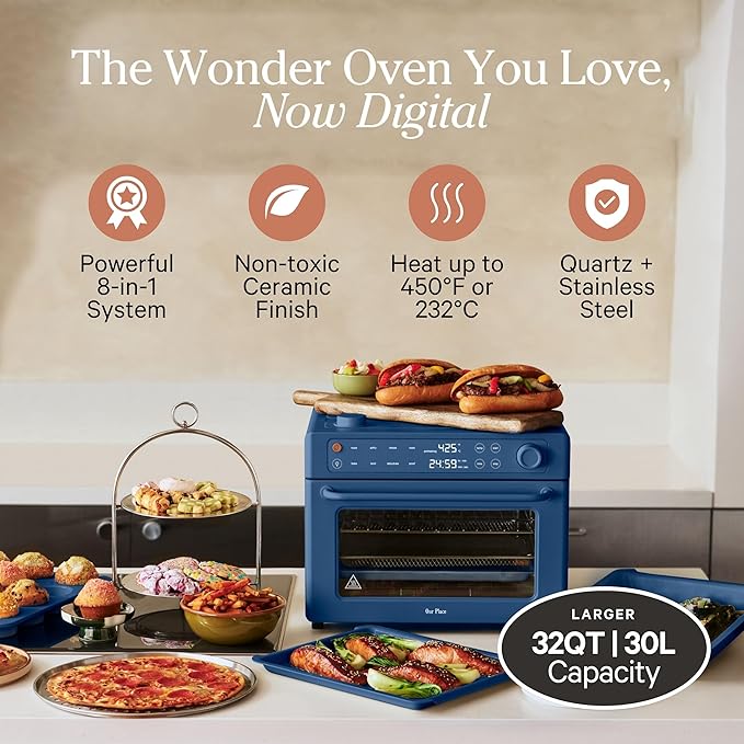 Our Place Wonder Oven Pro | 8-in-1 Digital Countertop Oven with Large 32Qt Capacity | Non-toxic, Quartz & Stainless Steel | Air Fry, Toast, Roast, Bake, Reheat, Broil, Reheat & Dehydrate | Blue Salt