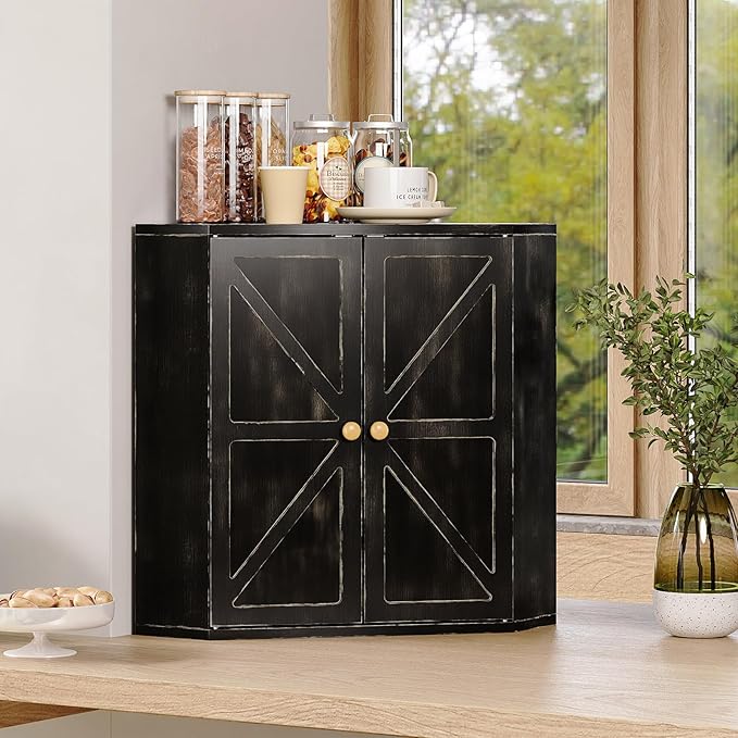 Corner Bread Box for Kitchen Counter Double Layer Bamboo Bread Storage Container Large Capacity Bread Storage Bin Farmhouse Breadbox Organizer (Antique Black)