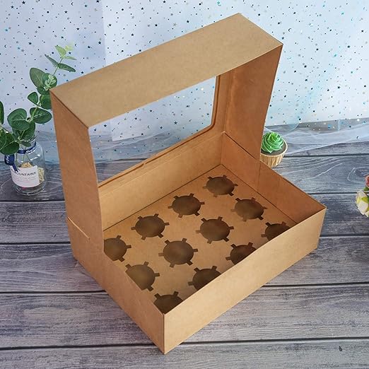 ONE MORE 15-Pack Brown Cupcake Boxes 12 Holders Cake Carrier Food Grade Kraft Pop-up Bakery Boxes 13.8 x 9.5 x 4inch with Inserts and PVC Windows Fits 12 Cavity Cupcake Pack of 15