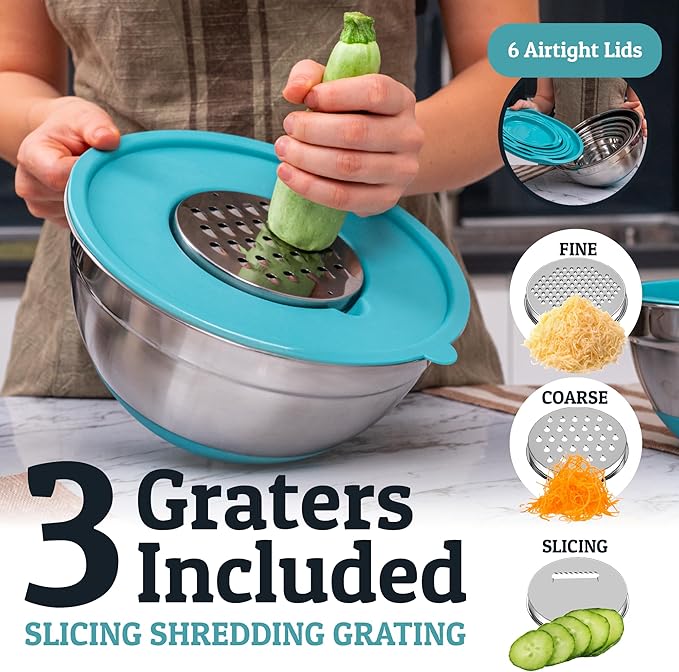 Priority Chef 6Pc Large Mixing Bowls With Lids Set with Non-Slip Bases, Stainless Steel Mixing Bowl Set, 6 Airtight Lids and 3 Graters, Turquoise