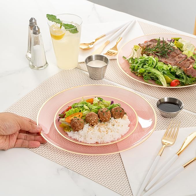 Restaurantware Plastic Plates 40 Pcs 7.13" and 10" Combo Gold Rimmed Plate Set Disposable Heavy-Duty Pink Translucent Rippled Plastic Dinner Servers for Party, Weddings, Salads, Desserts