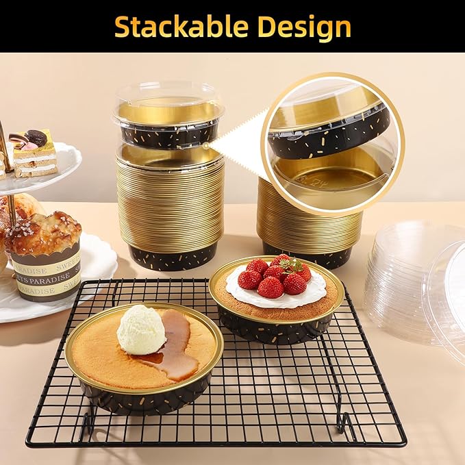Beasea Pie Tins with Lids 8oz, 120 Pack 4 Inch Disposable Mini Creme Brulee Ramekins Gold Black Small Aluminum Foil Pie Tart Cake Baking Pans Individual Round Containers Oven Safe for Baking