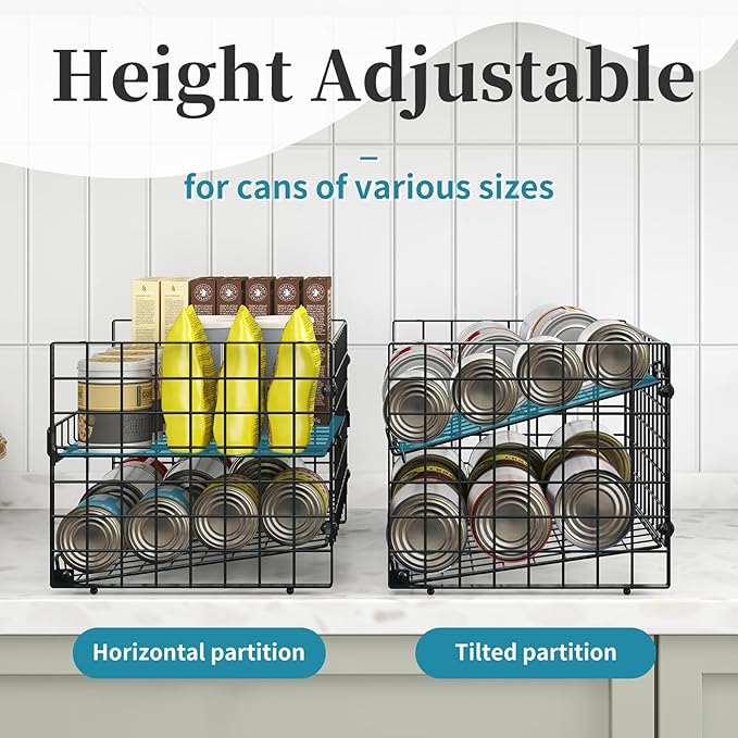 2-Pack Stackable Can Organizer for Pantry, Adjustable Can Holder Rack for Canned Food Soda Drink Goods Storage up to 36 Cans Storage, 2 Tier, Black