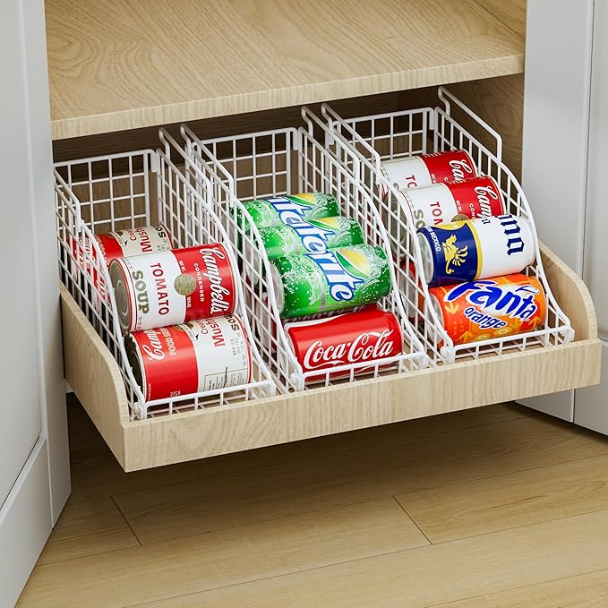 Stackable Pantry Can Dispenser Baskets 3-Pack, Standing Beverage Drink Pop Soda Can Storage Organizer Bin with Handles, Foldable Canned Food Holder for Kitchen Countertop Cabinet White