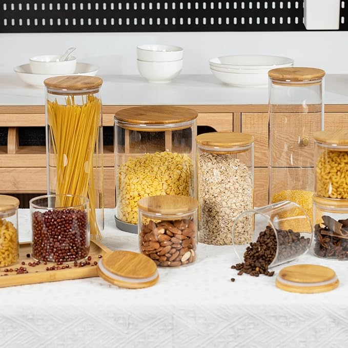 70oz Straight cylindrical Airtight Storage Jars with Bamboo Lid Set of 3 Storage Container Glass Jars, Kitchen Canister for Noodles, Pasta and Coffee beans (‎with Black Lable)