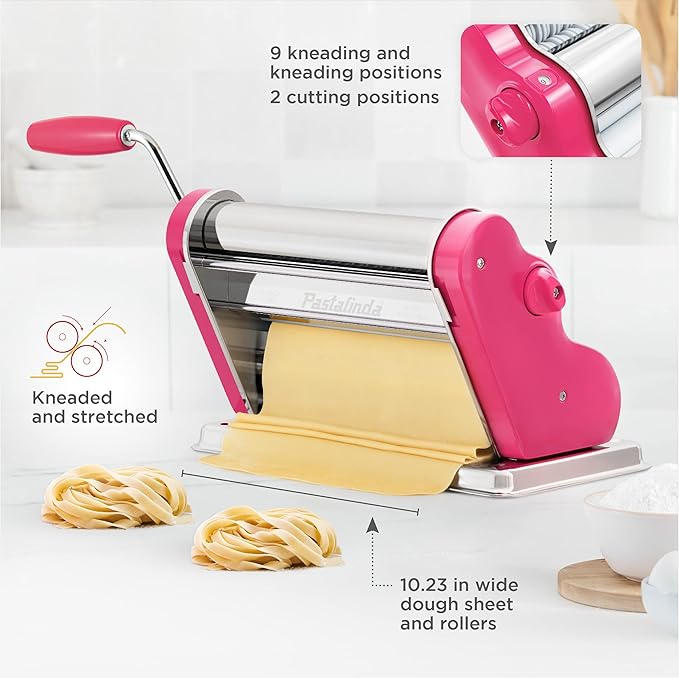 PASTALINDA Classic 260 Pasta Maker Machine, 26 cm Wide Rollers, 9 Thickness Positions, 2 Cutting Positions, Stainless Steel. Includes Reinforced Hand Crank And Two Clamps (Fuchsia)