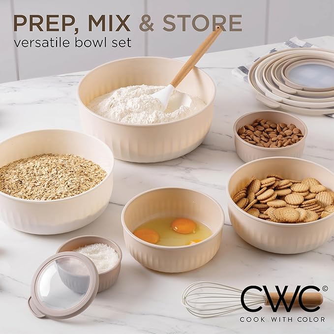 COOK WITH COLOR Prep Bowls with Lids- Wide and Deep Nesting Plastic Small Mixing Bowl Set with Lids, 12 Piece Set - Wide Bowls, Brown