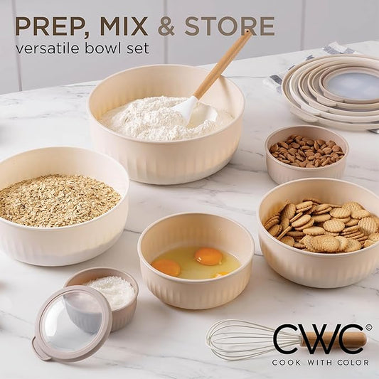COOK WITH COLOR Prep Bowls with Lids- Wide and Deep Nesting Plastic Small Mixing Bowl Set with Lids, 12 Piece Set - Wide Bowls, Brown