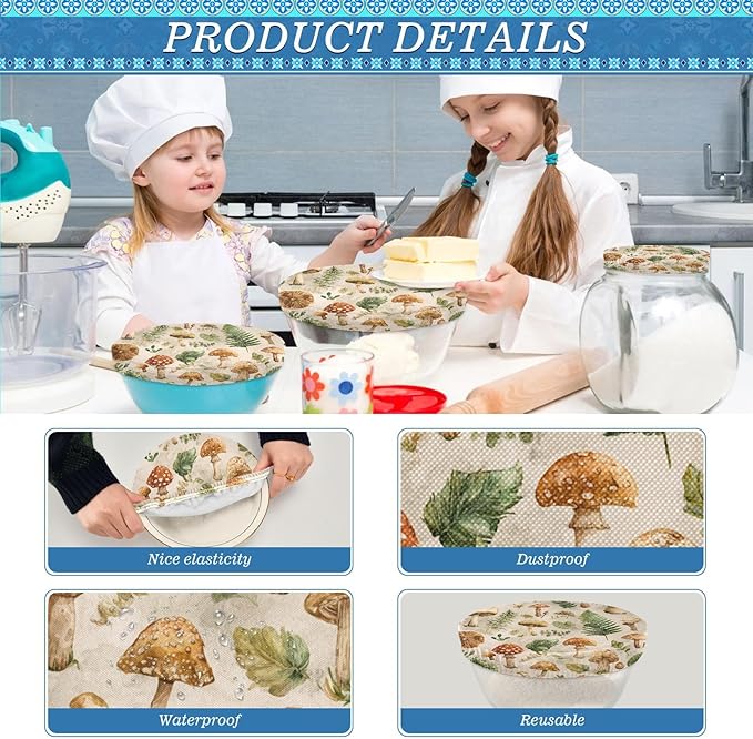 5 Pcs Bowl Covers Reusable in 5 Size Elastic Food Cover Cloth Lids Fresh Keeping Dish Cookware Bakeware Fabric Covers Lids for Food Leftovers Fruits Storage Watercolor Mushrooms Leaves Beige