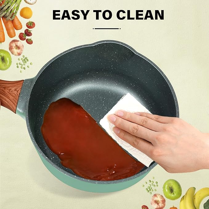 2 Quart Nonstick Saucepan with Lid, Non Stick Ceramic Saucepan Pot for Cooking with Pour Spout and Handle for Stove, Induction, Gas, Non Toxic, PFOA Free (Green with Black Inside, 1 PCS)
