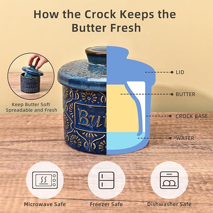 Butter Crock, Ceramic French Butter Dish with Lid for Countertop, Butter Keeper with Water Line for Fresh Spreadable Butter (Vintage Blue)