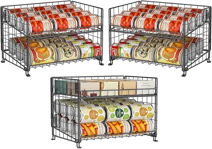 Adjustable Rack Organizer, Stackable 2-Tier Storage for Kitchen Pantry Cabinet, Can Holders for Food, Multifunctional Dispenser for Snacks Soda-3 Pack