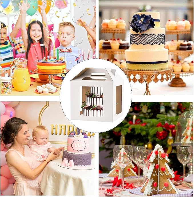 Tall Cake Boxes, 14x14x14 Inches, 2 Pack, Cake Carrier with Windows, Handle for Wedding, Birthday, Party Cakes