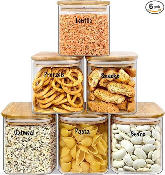 Urban Green Glass Jars with Airtight Lids, Airtight Glass Canisters with Locking Lids, (Bamboo-6P-24oz)