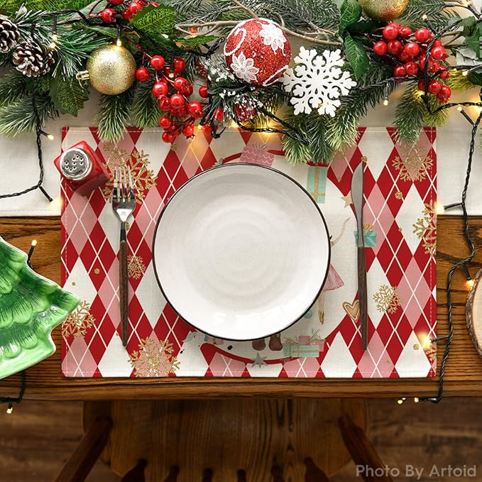 Red Diamond Plaid Nutcracker Snowflake Christmas Placemats Set of 6, 12x18 Inch