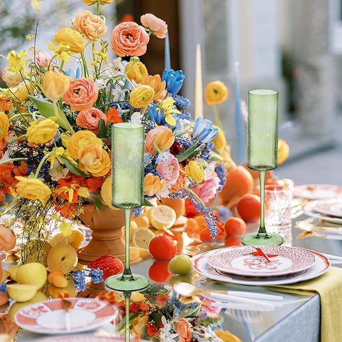 6 Pieces Green Champagne Flutes,6 OZ Twill Pattern Striped Vintage Stem Glasses Stemware Wine Glasses Champagne Long Stem Drinking Colored Glasses Goblets for Wedding Cocktail Cups,Cava, Prosecco