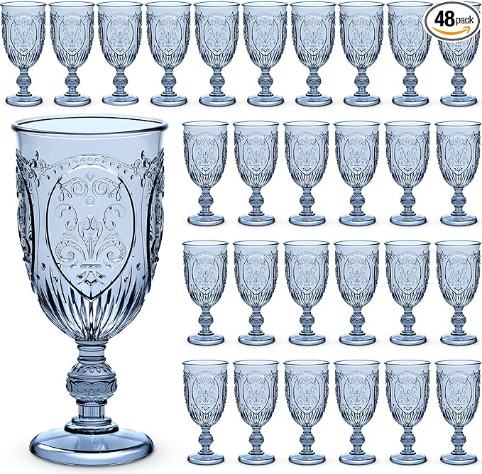 48 Pcs Plastic Goblets 7.5oz Vintage Goblet Plastic Wine Glasses Colored Retro Embossed Water Goblets for Wine Bar Juice Baby Shower Wedding Reception Grand Event Party (Blue)