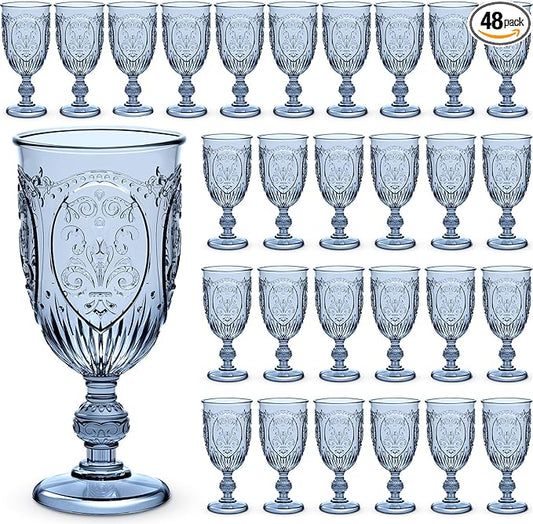 48 Pcs Plastic Goblets 7.5oz Vintage Goblet Plastic Wine Glasses Colored Retro Embossed Water Goblets for Wine Bar Juice Baby Shower Wedding Reception Grand Event Party (Blue)