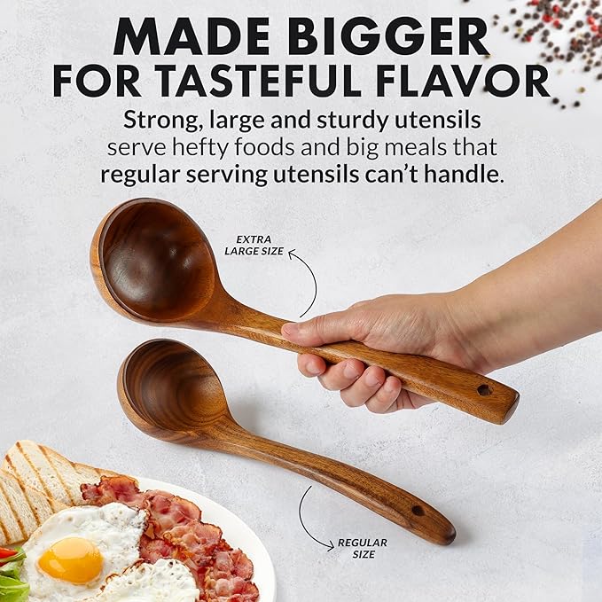Zulay Kitchen Extra-Large 5-Piece Wooden Spoon Set - Smooth Teak Cooking Utensils - Comfort-Grip Non-Stick Turner, Spatula, Skimmer, Fork, Serving Spoon
