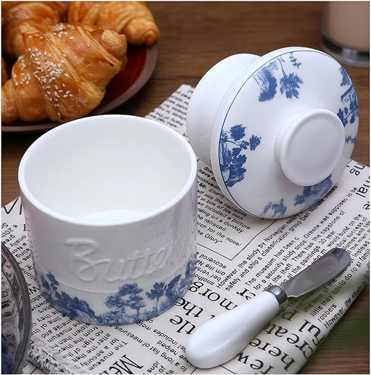 Butter Crock with Lid, French Butter Dish with Water Line for Countertop, Ceramic Butter Keeper for Spreadable Butter, Container Holder for Kitchen and Home Decor, 6.7 OZ, Forest Blue