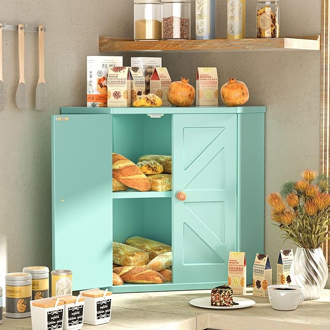 Corner Bread Box for Kitchen Countertop,Storage Container for Homemade Bread, Double Layer BreadBox, Large Capacity Bread Storage Bin, Vintage Farmhouse Breadbox Organizer, Green