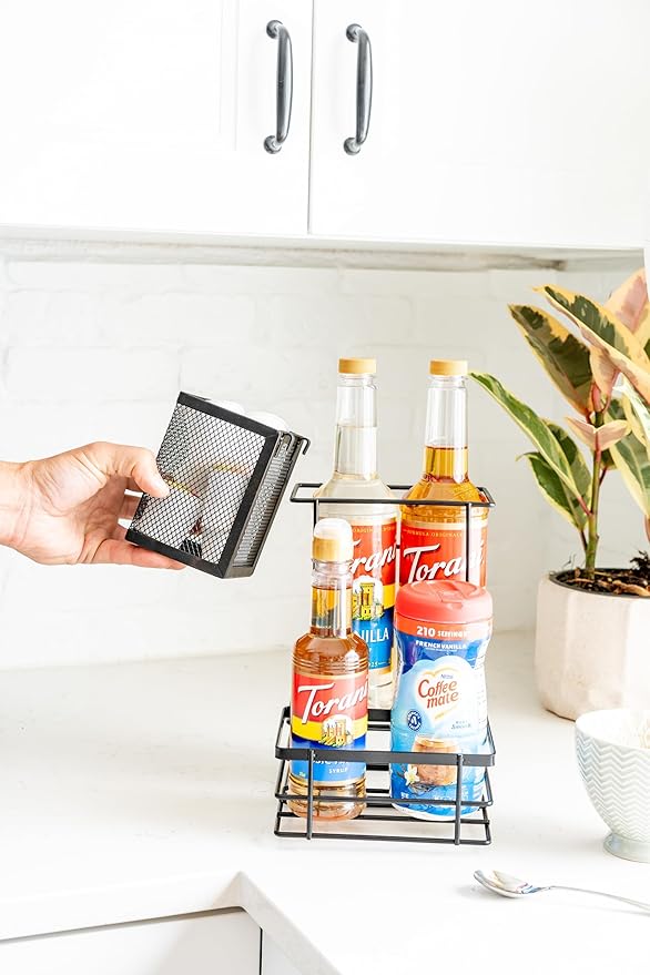 Bella Beau Coffee Syrup Organizer, Coffee Syrup Dispenser, w/Moveable Mesh, Syrup Rack, Tea Station Stand for Countertop, Holds 4 Bottles, Tea Bar Accessories for Countertop