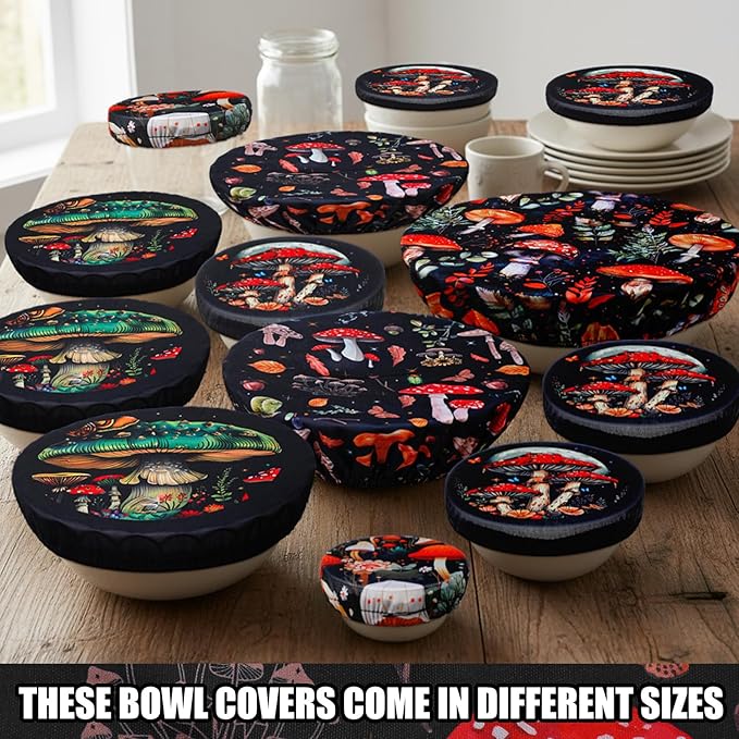 Patelai 10 Pcs Bowl Covers Reusable in 5 Size Stretch Cloth Fabric Elastic Food Storage Bowl Covers Bread Sourdough Lids for Proofing Food Fruits Leftover(Mushroom Style)