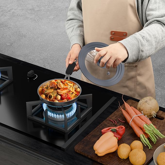 Universal Lids for Pots, Pans and Skillets, 7", 8" and 9" Pan Lid, Tempered Glass Pot Lid with Silicone Rim Heat Resistant, Replacement Pan Cover for Frying, Cookware & Bakeware Lids, Grey