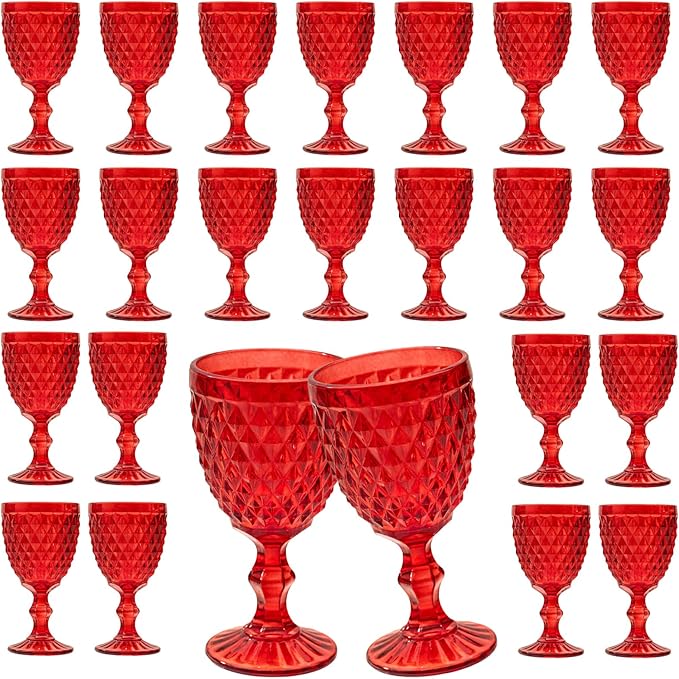 24 Pcs Vintage Wine Glasses, 10 Ounce Colored Glass Water Goblets, Unique Embossed Pattern High Clear Stemmed Glassware Wedding Party Bar Glass Drinking Cups, Diamond Red Glasses Set of 24