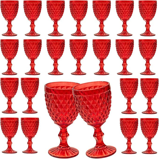 24 Pcs Vintage Wine Glasses, 10 Ounce Colored Glass Water Goblets, Unique Embossed Pattern High Clear Stemmed Glassware Wedding Party Bar Glass Drinking Cups, Diamond Red Glasses Set of 24
