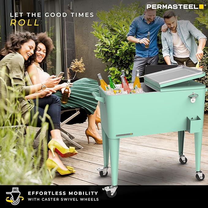 Permasteel 80 Quart Party Cooler, Rolling Ice Chest with Wheels and Handles for Indoor Outdoor Patio