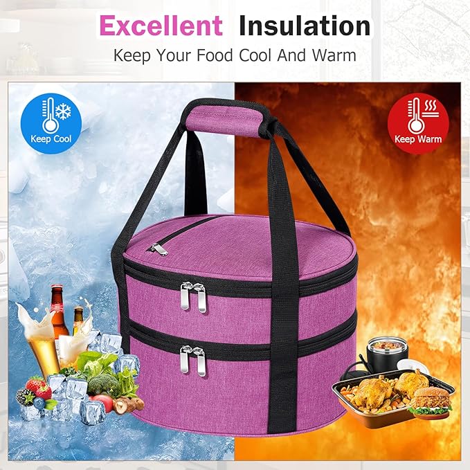 Round Double Insulated Casserole Carrier, Pie Carrier Bag, Portable Casserole Carrier for Hot or Cold Food Lunch Tote, Lunch Bag for Parties Picnic, Fits 12.5" Baking Dish, Rose Red