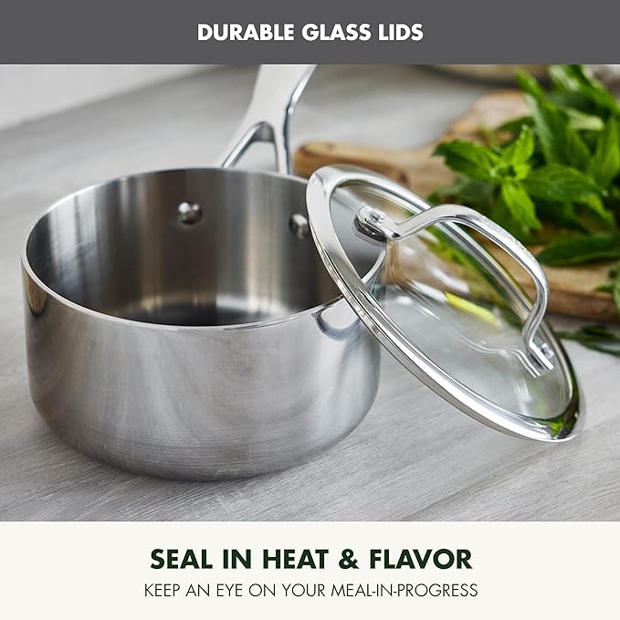 GreenPan Valencia Pro Stainless Steel 10 Piece Cookware Pots and Pans Set, Induction Suitable Mirrored Tri-Ply, Ceramic Nonstick PFAS-Free Coating, Multi Clad, Dishwasher Oven & Broiler Safe