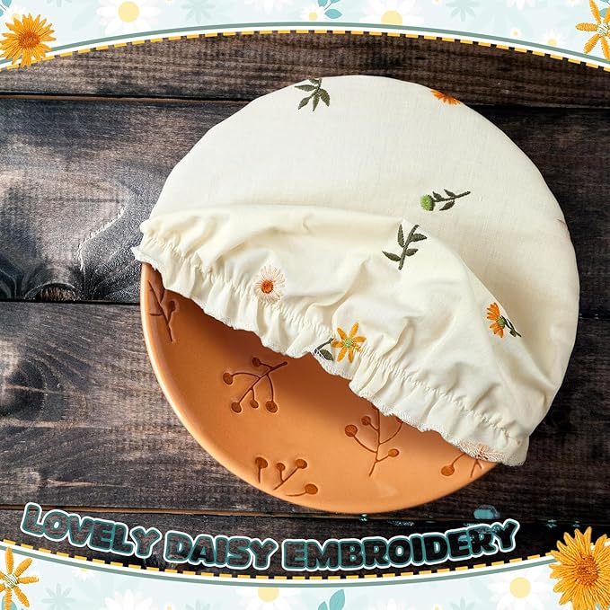 Patelai 10 Pcs Bowl Covers Reusable in 5 Size Stretch Cloth Fabric Elastic Food Storage Bowl Covers Bread Sourdough Lids for Proofing Food Fruits Leftover(Embroidery Daisy)